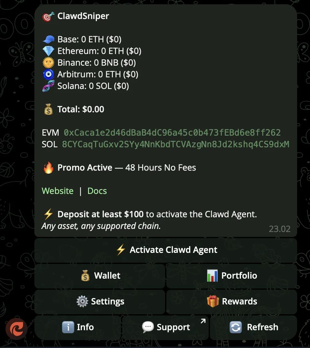Clawd Sniper โ main UI on /start, wallet generated