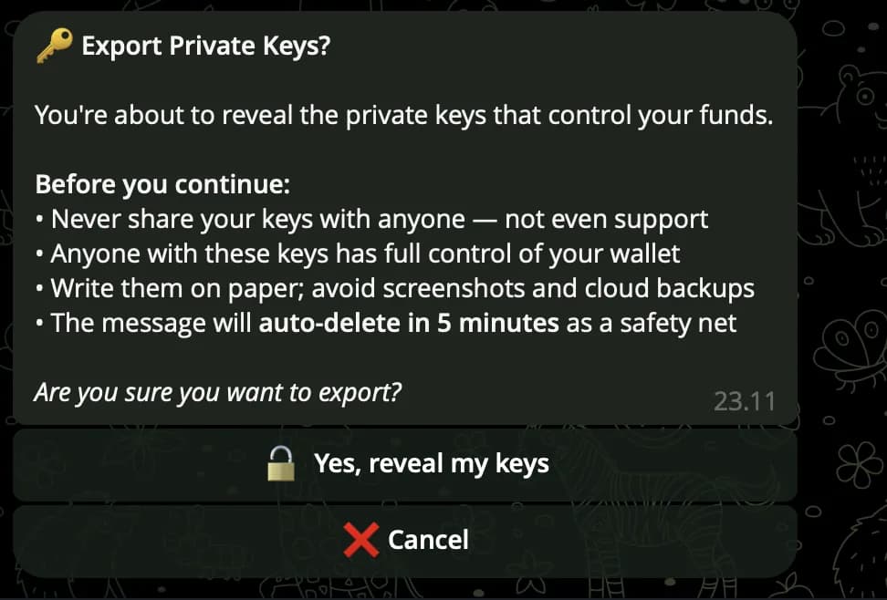 Clawd Sniper โ Export Private Key reveal screen