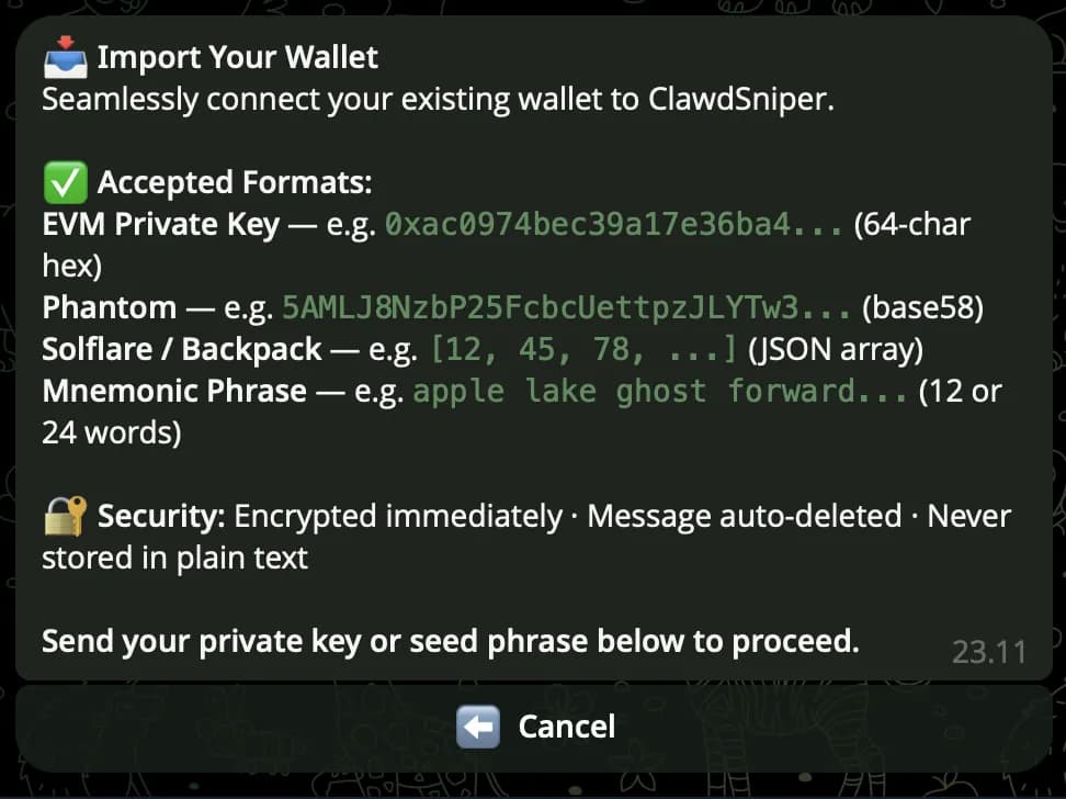 Clawd Sniper โ Import Wallet screen with credential prompt