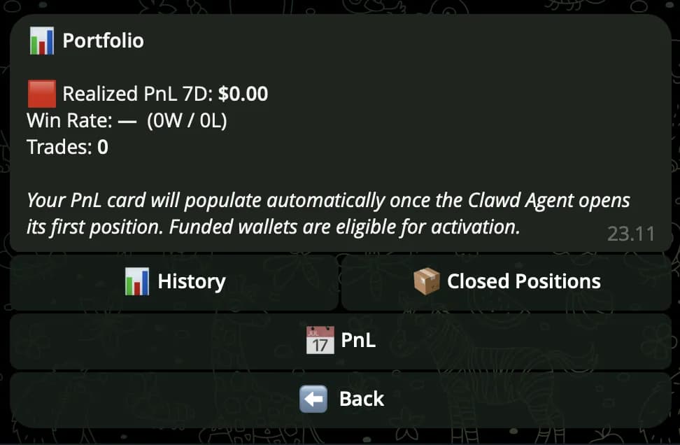 Clawd Sniper โ /portfolio screen with per-asset breakdown