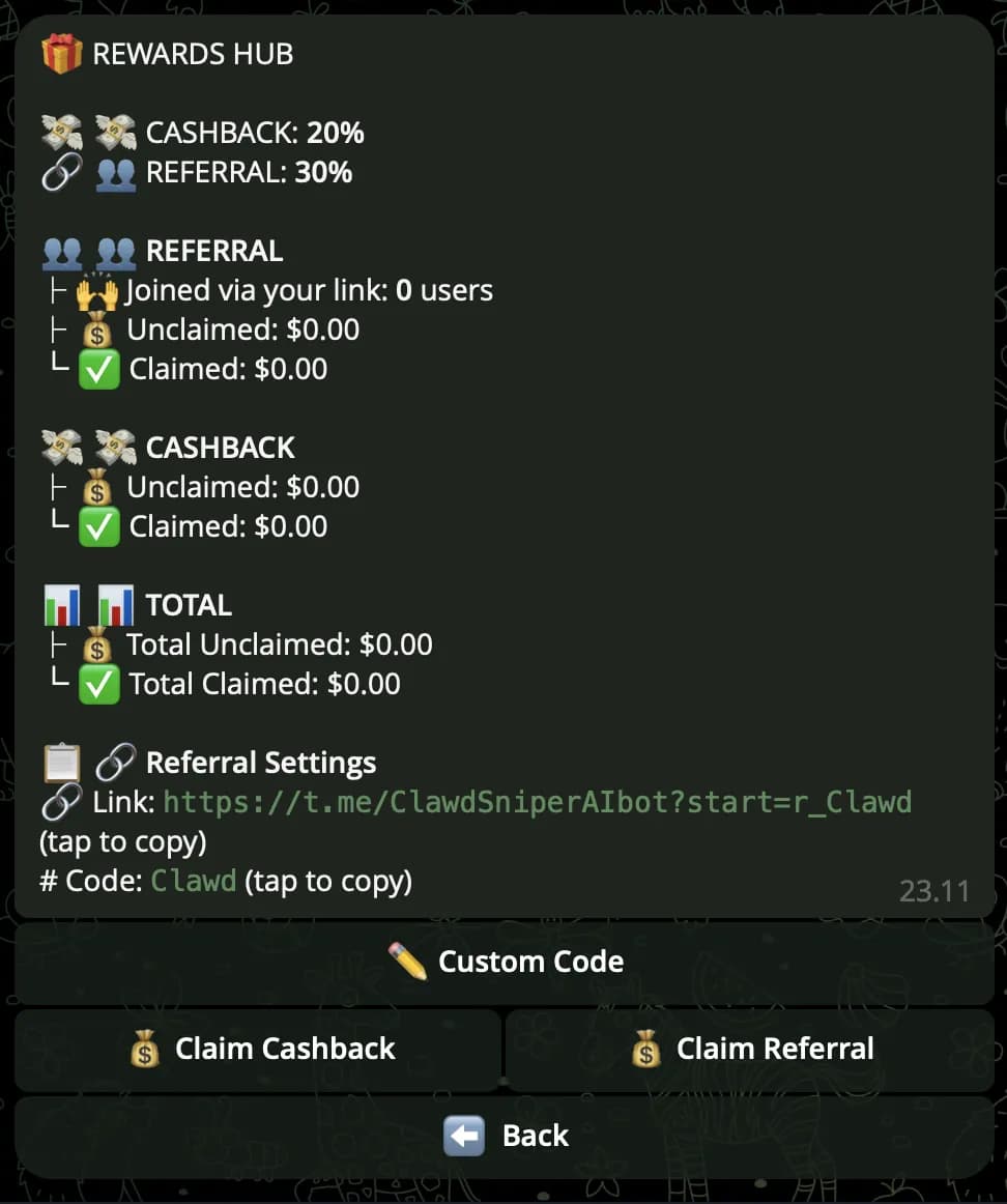 Clawd Sniper โ Rewards / Referral menu with link, tier, and earnings